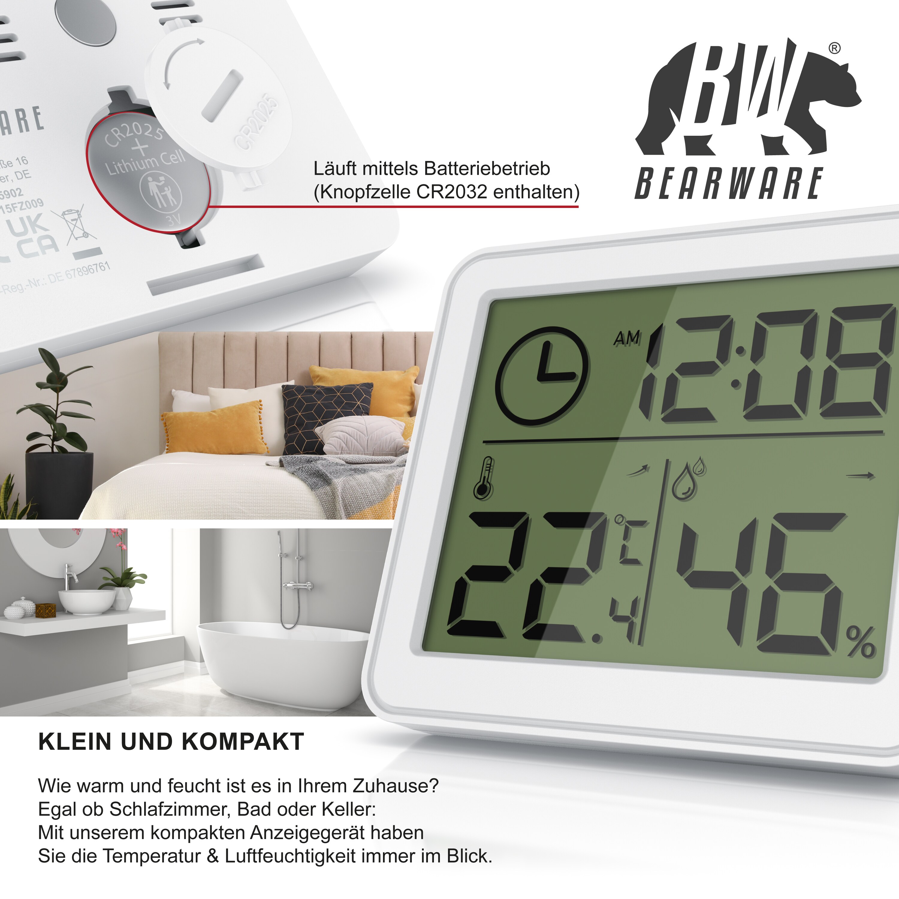 BEARWARE - Thermometer Hygrometer - Temperatur und Luftfeuchtigkeit - Uhrzeit - gut ablesbare LCD-Anzeige - Magnethalter, Aufhängeöse und Standfuß