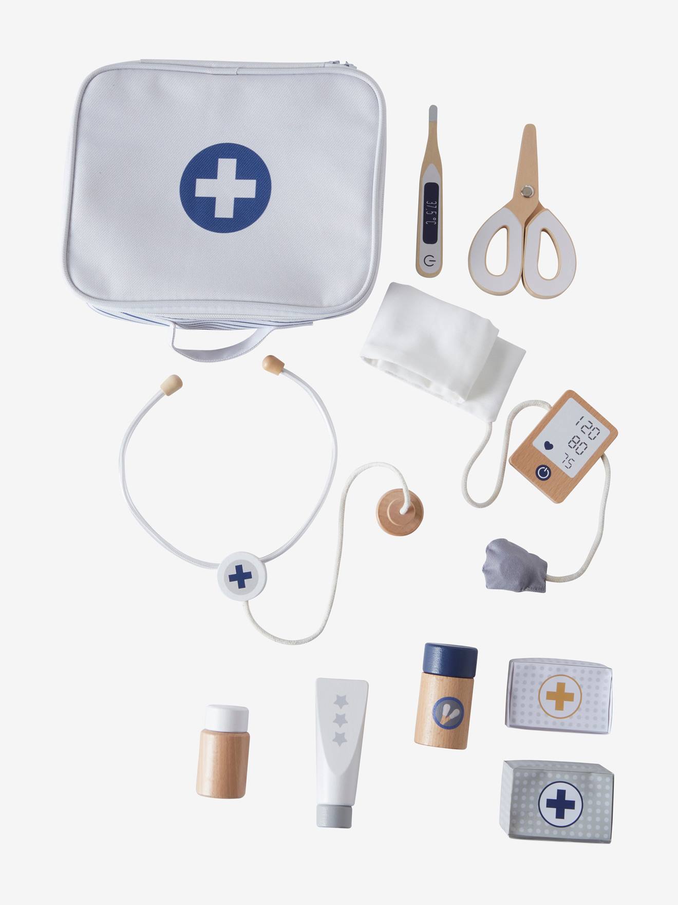Conjunto de boneca médica de madeira branca