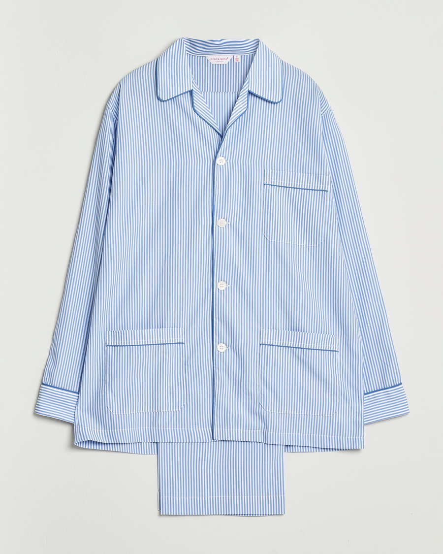 Derek Rose Striped Piped Cotton Pyjama Set Blue/White