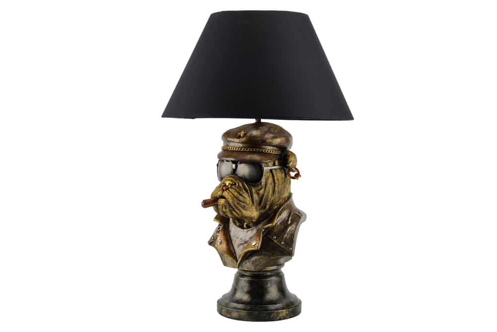Handgefertigte Tischlampe BULLDOG 55cm bronze schwarz Stoffschirm Hunde-Skulptur