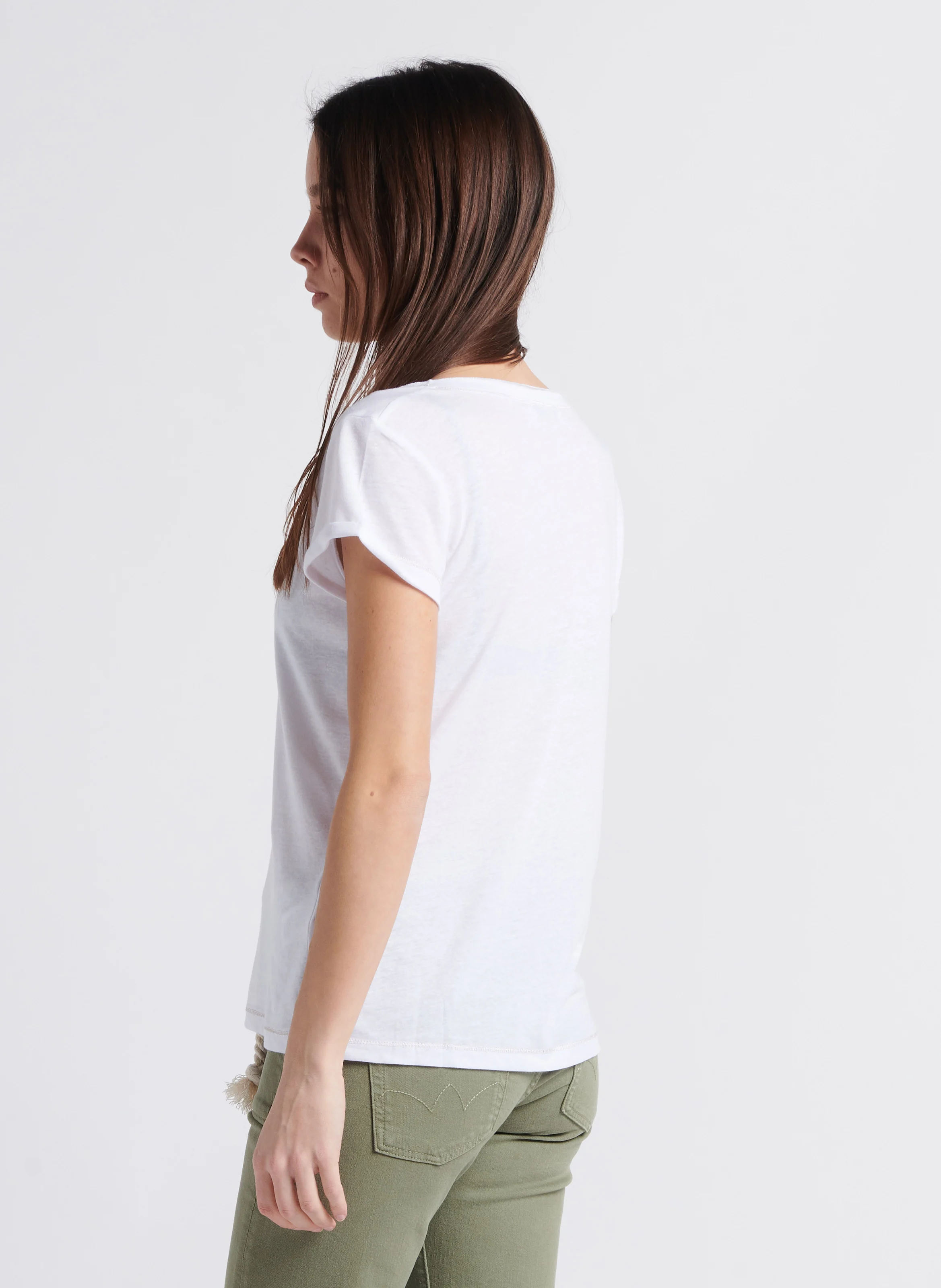 Tee-shirt droit col V sérigraphié en lin | Blanc