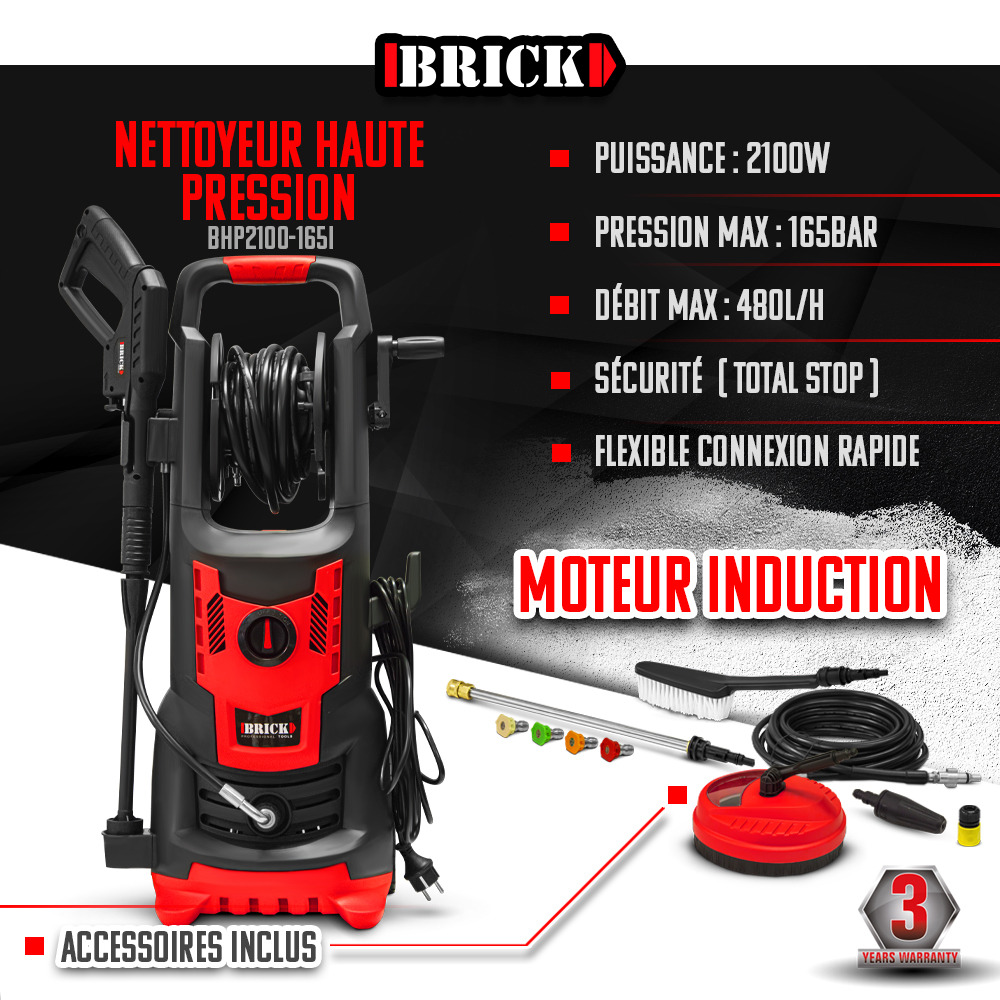 Nettoyeur haute pression 2100w - 165 bars avec moteur à induction + accessoires