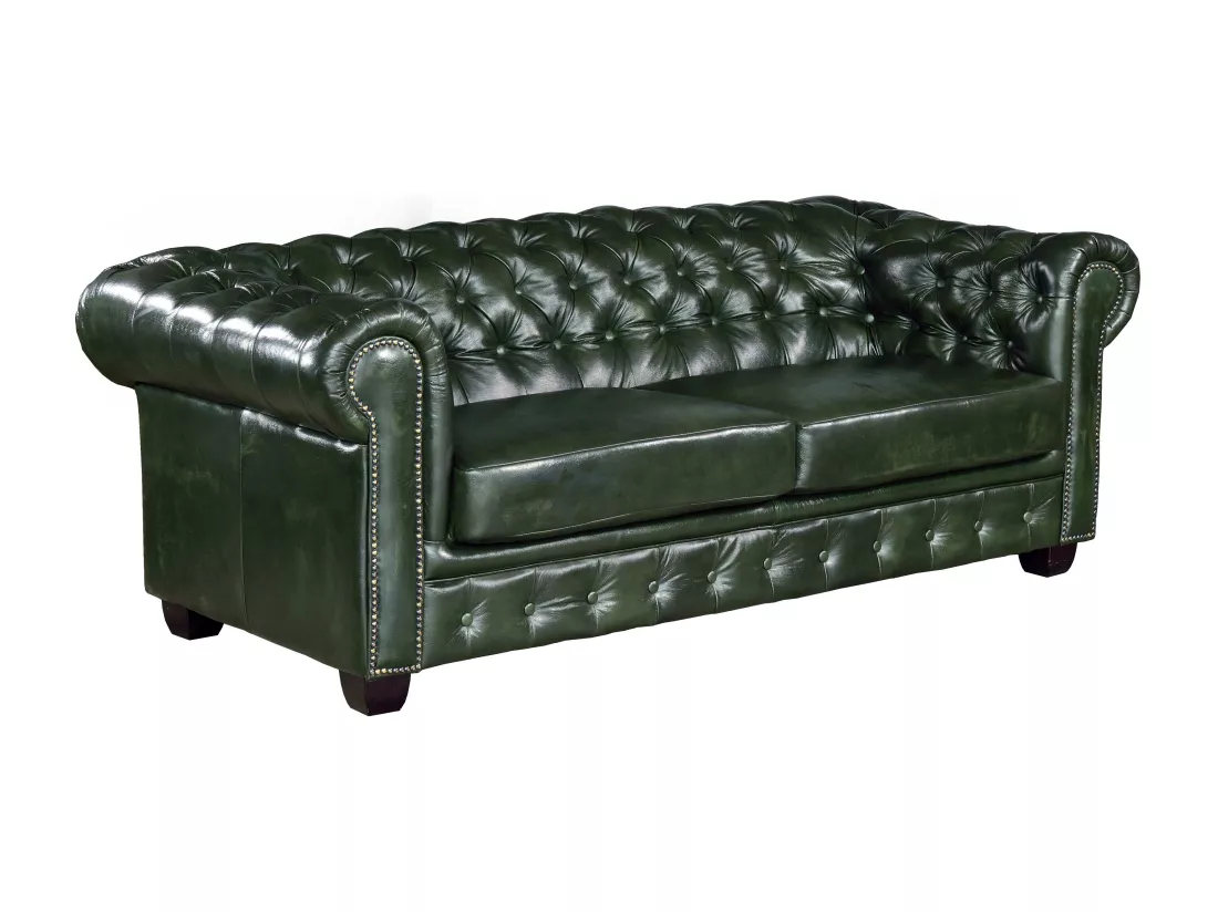 Canapé chesterfield 3 places et un fauteuil BRENTON 100% cuir de buffle - Vert empire