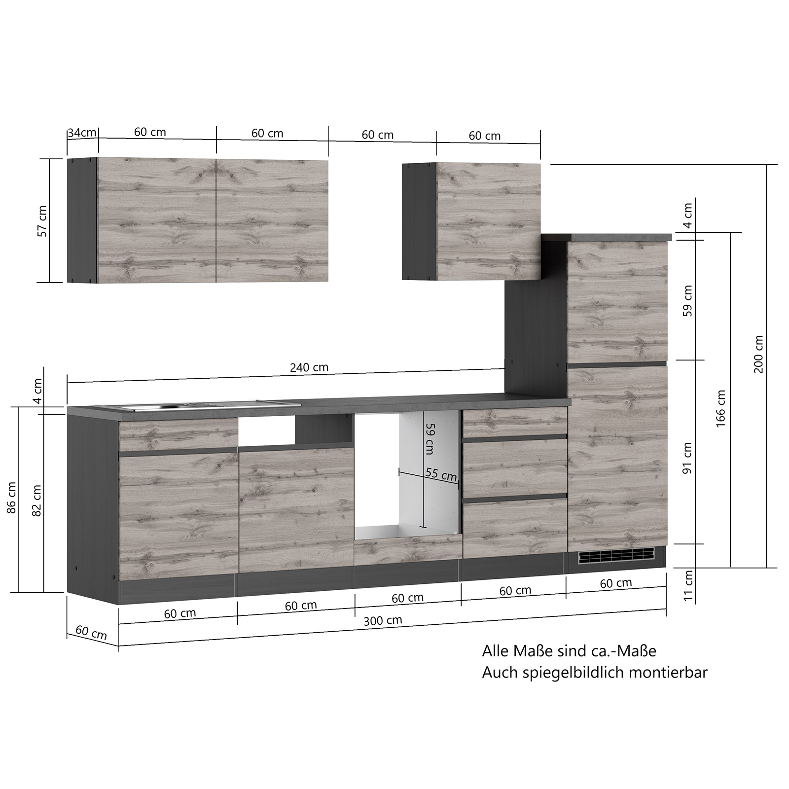 Küchenblock TURIN - matt grau - Wotan Eiche - 300 cm