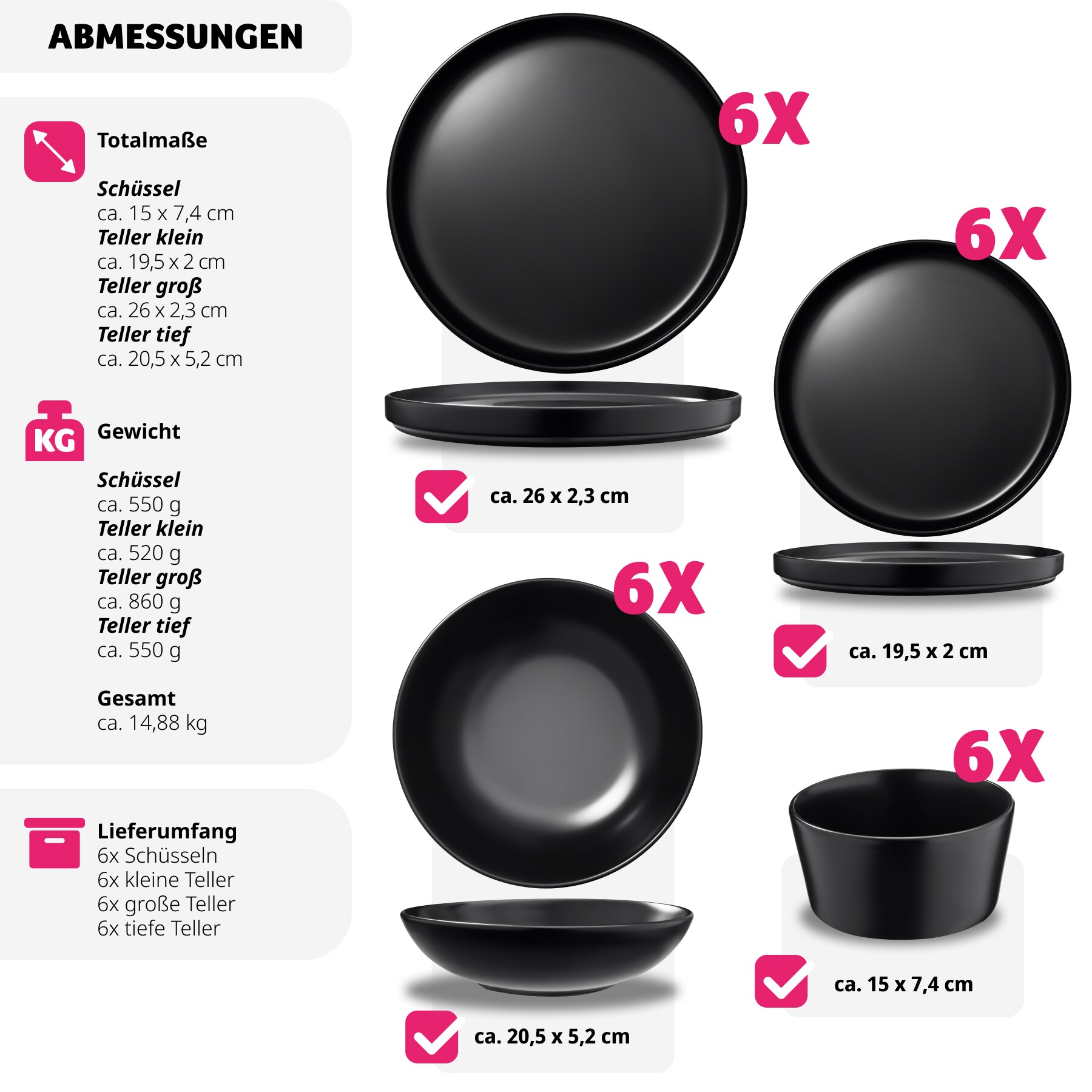 tectake® Geschirrset, für 6 Personen, aus Steingut, mit Glasur, ineinander stapelbar