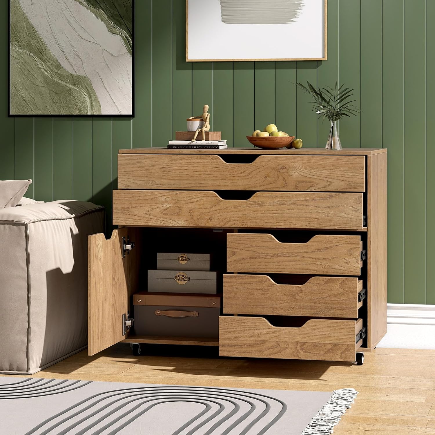 COSTWAY Rollcontainer mit 5 Schubladen & Schrank, mobiler Aktenschrank mit Rollen, Schubladenschrank mit Arbeitsplatte, Rollwagen Bürocontainer aus Holz für Zuhause, Büro (Natur,77,5 x 40 x 64 cm)