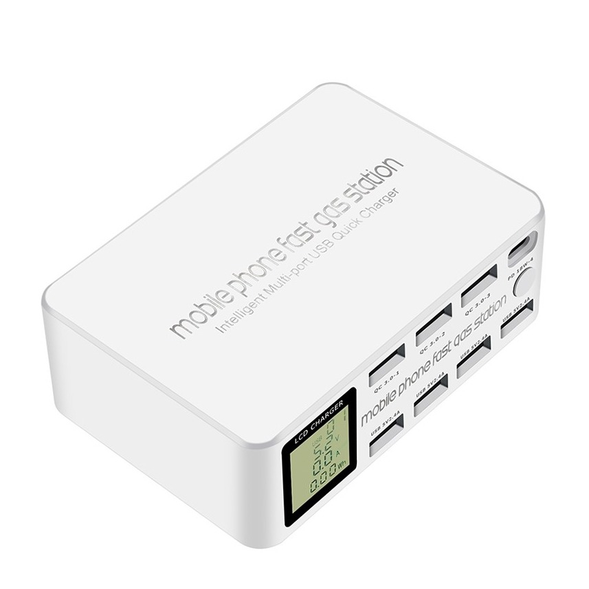 (100W) 1x USB C / 7x USB A Ladegerät Universal Ladestation mit LCD Anzeige Power Delivery Quick Charge 3.0 - Weiss