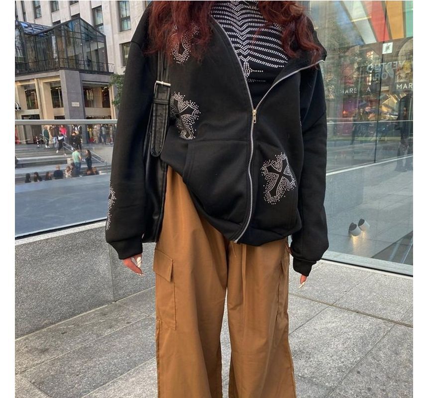 Wanderstar - Cross Rhinestone Zip Hoodie