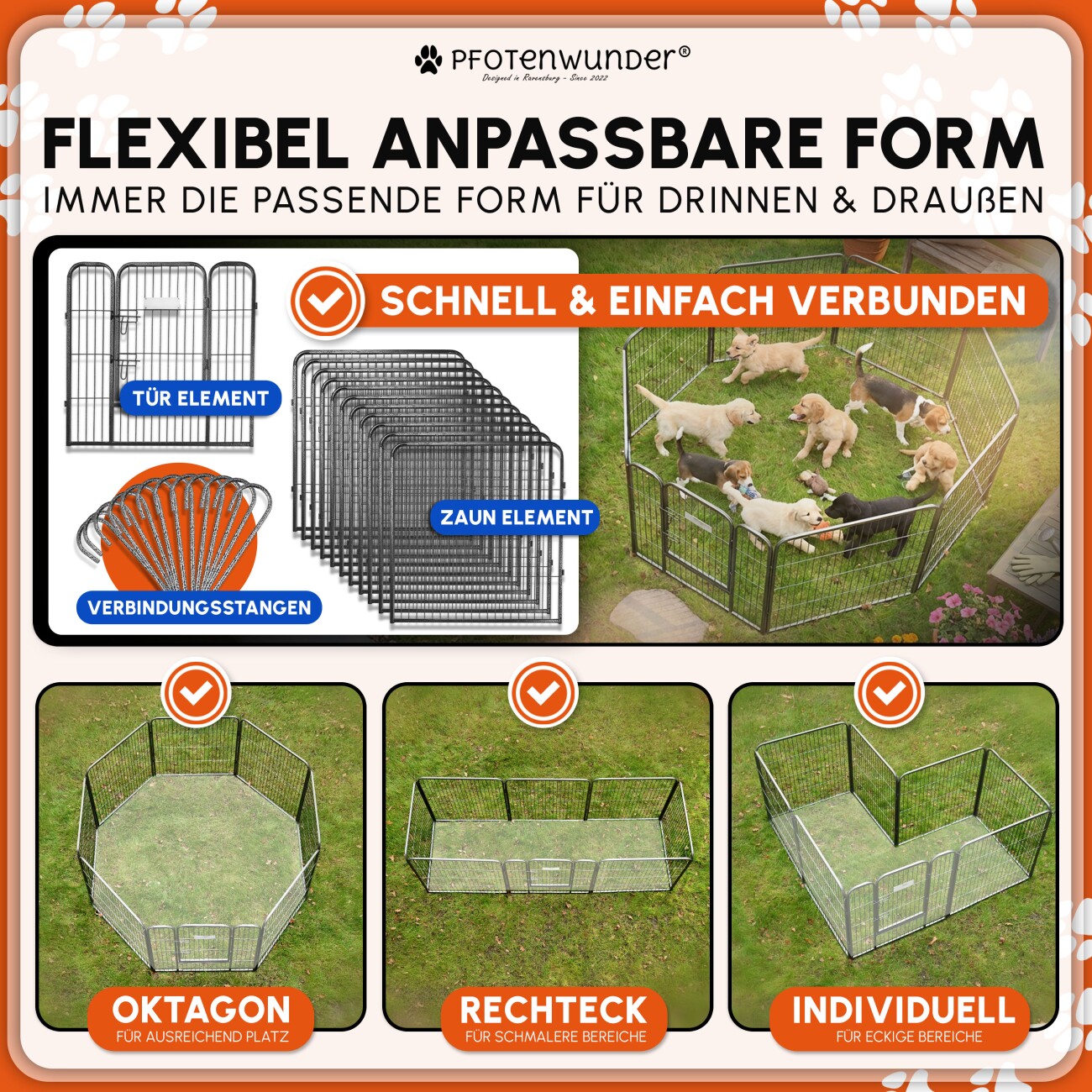 PfotenWunder® Welpenlaufstall 12-teilig, 80cm hoch + 1 Hundebett & 1 Trainingsbuch | Welpenauslauf, Hunde-Laufstall faltbar mit Tür, Tierlaufstall indoor outdoor wetterfest