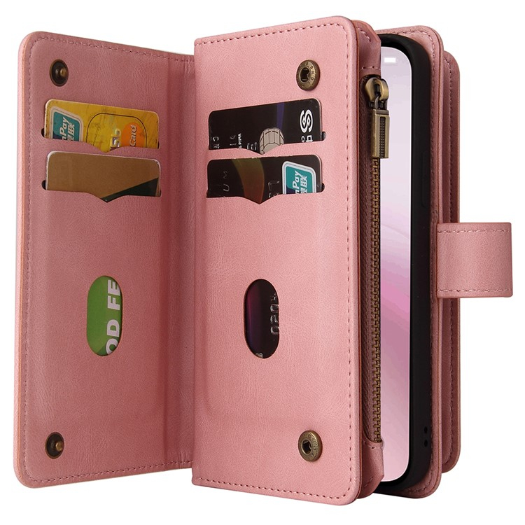 iPhone 16e Leder Tasche Flip Cover Kartenfächer mit Druckknopfverschluss   Handschlaufe - Rosa
