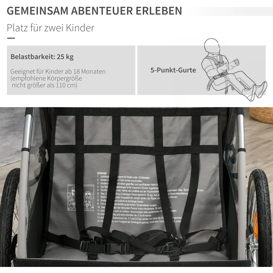 HOMCOM 2-in1 Fahrradanhänger mit Platz für 2 Kinder grauschwarz