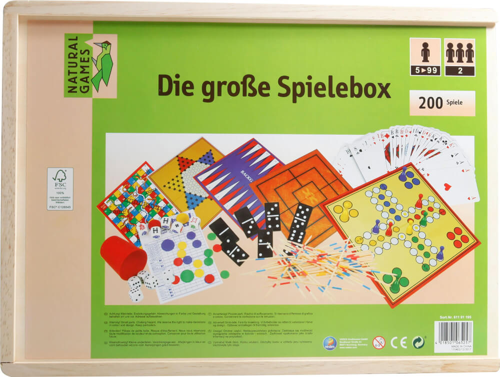 Natural Games Holz-Spielesammlung 200 in 1, Gesellschaftsspiele, ca. 38,5x28,5x6,9 cm, ab 2 Spieler, ab 5 Jahren