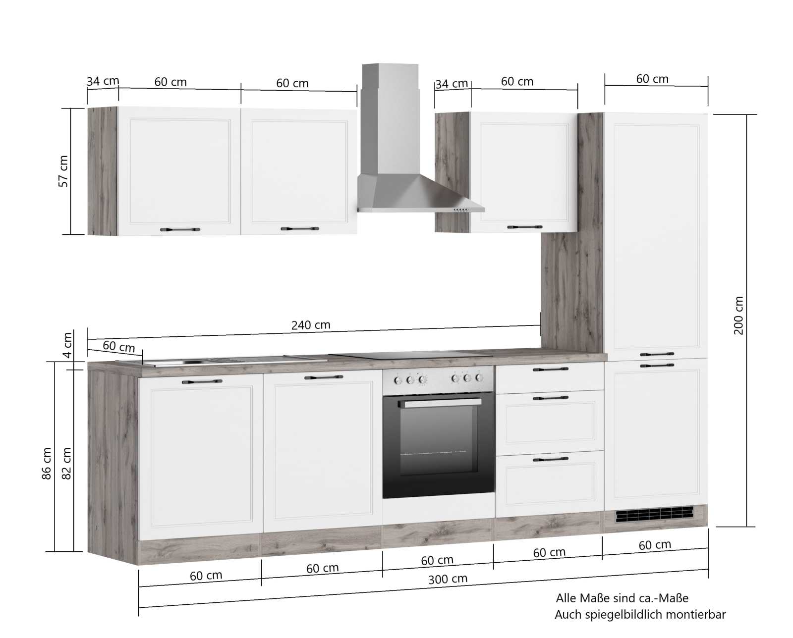 Küchenzeile MERAN - weiß - Wotaneiche - mit E-Geräten - 300 cm