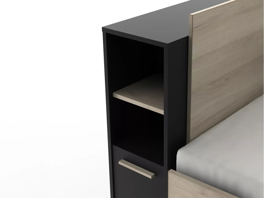Lit modulable 90 x 190/200 cm avec rangements - Noir et naturel + Sommier - LIARA