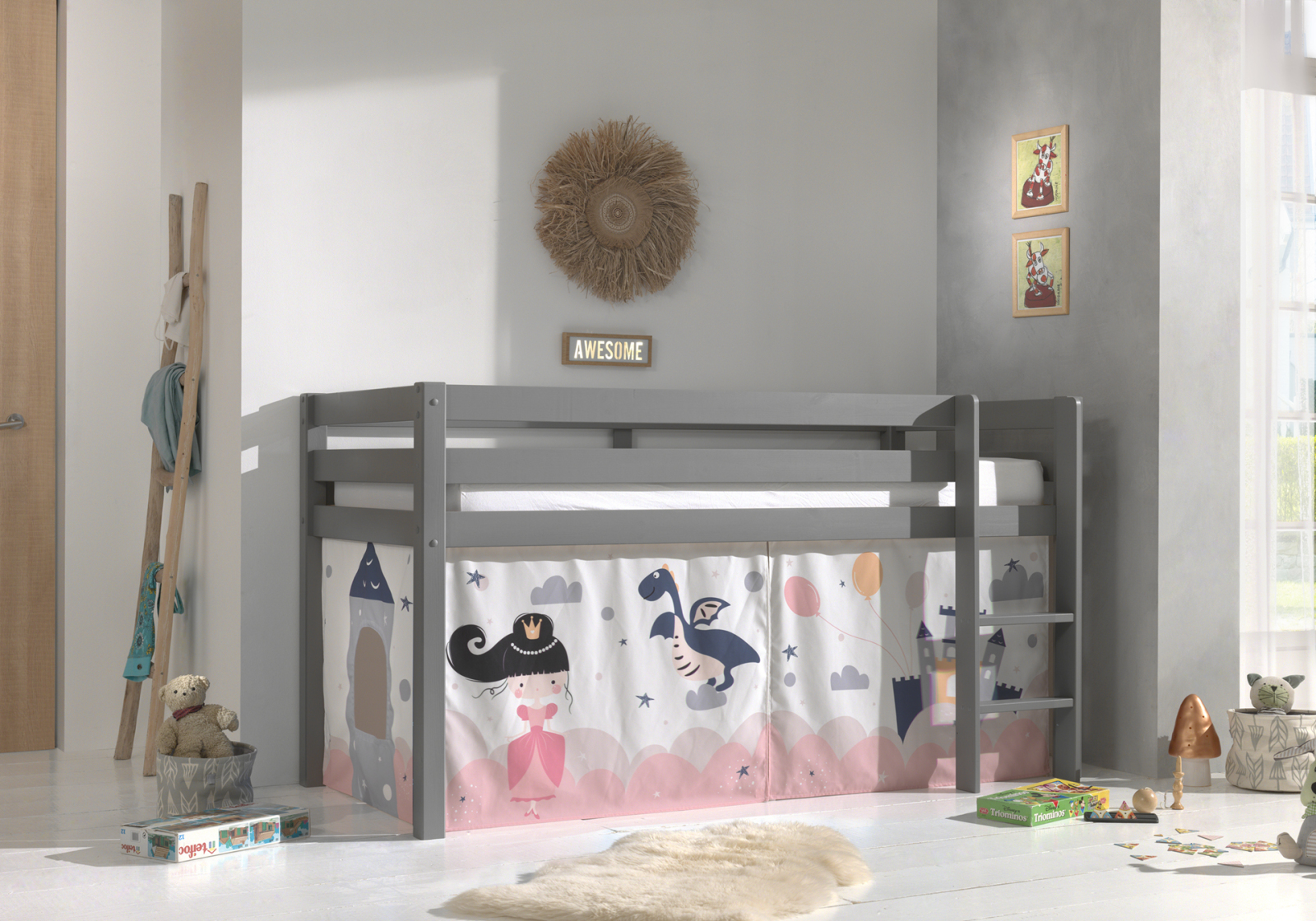 Halbhochbett PINO - PRINCESS SOPHIE - Kiefer grau Massivholz - 90x200 cm
