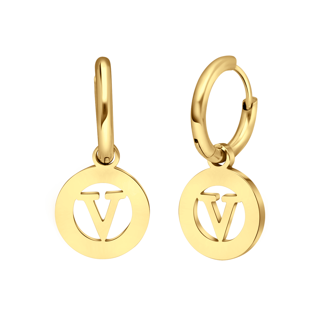 Stalen goldplated oorbellen met letter - V