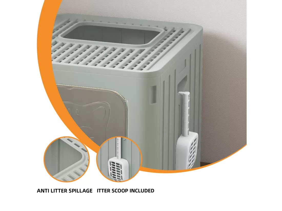 YITAHOME Bac à litière pour Chat avec Couvercle, Grand bac à litière fermé, Couvercle inodore, Anti-éclaboussures, avec tiroir, Pelle à litière, bac à litière Pliable avec Couvercle (Gris)