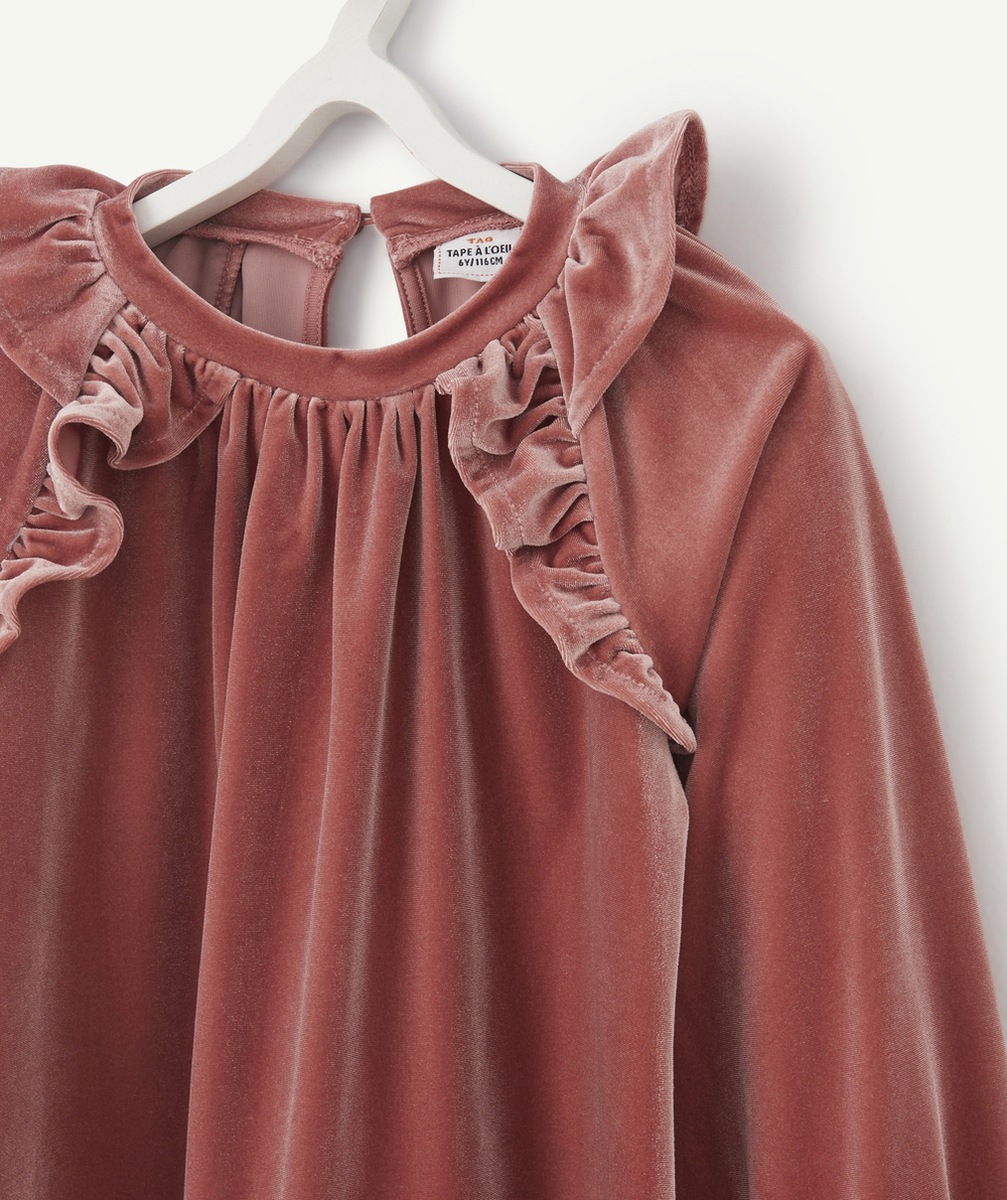 BLOUSE EN VELOURS VIEUX ROSE AVEC FRONCES FILLE