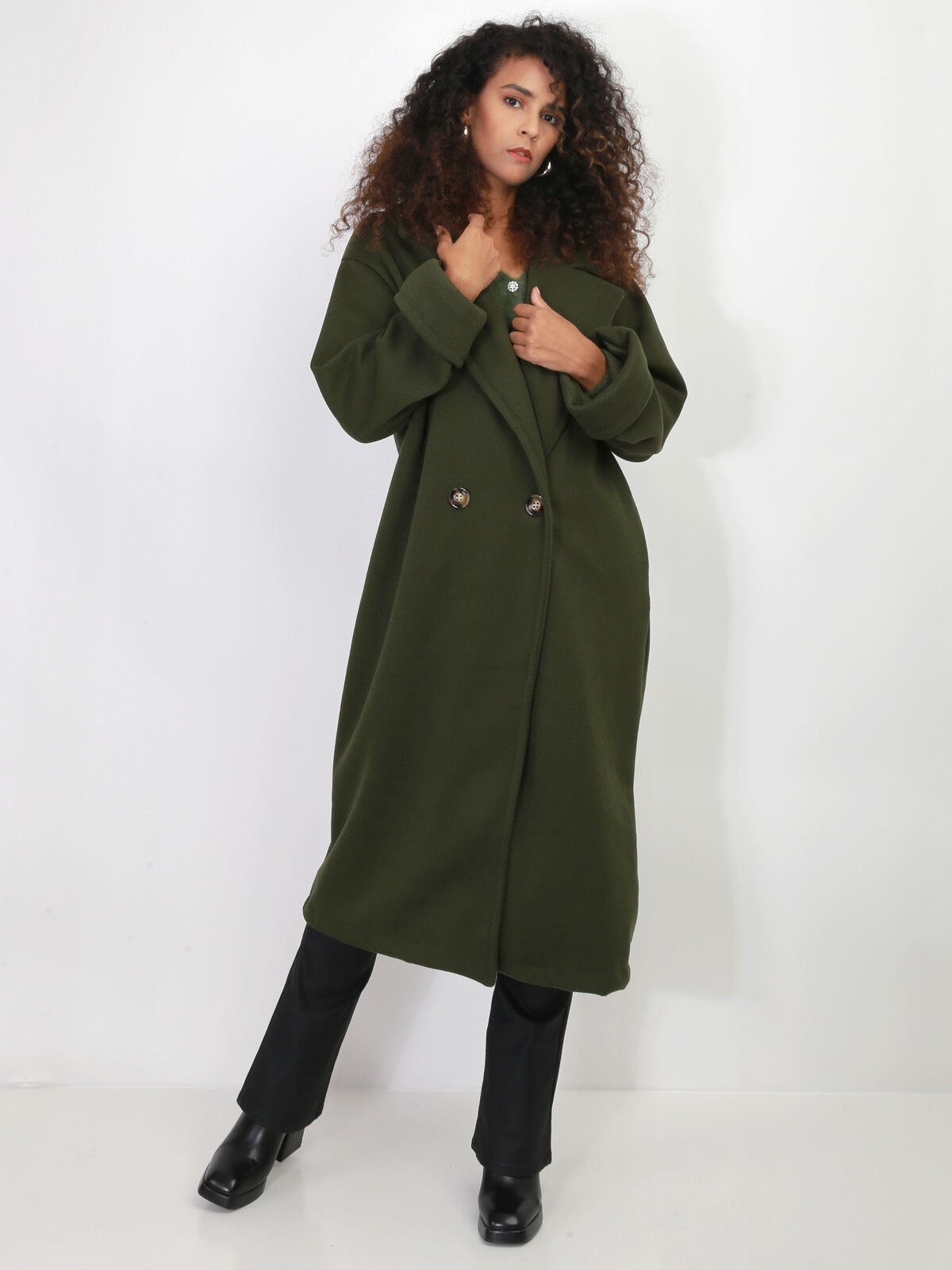 Manteau oversize en maille texturée- Vert foncé