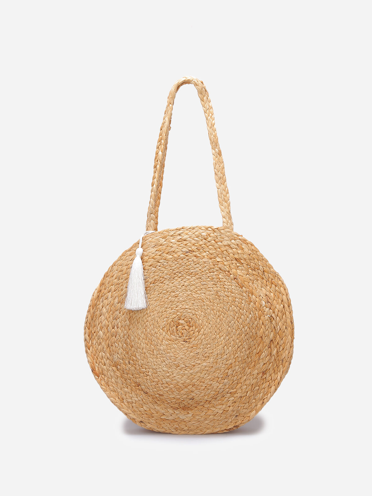 Sac rond tressé à pompon- Taupe