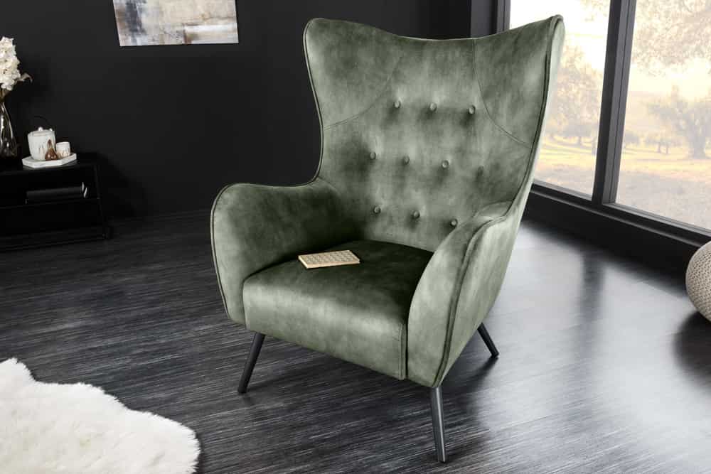 Design XL Sessel AMSTERDAM grün Samt schwarze Metallbeine Retro Stil
