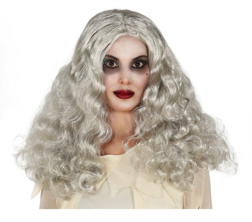 Halloween Pruik Krullen Grijs