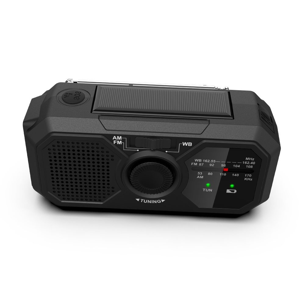 (13x6cm) 4in1 Outdoor Kurbel Radio mit WB/AM/FM / USB Powerbank / Solar Taschenlampe / SOS Alarm - Schwarz