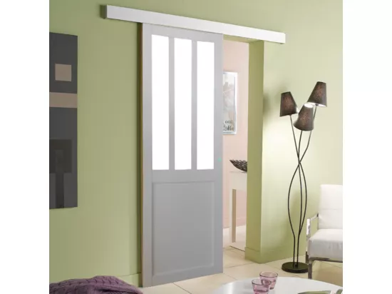 Porte Coulissante Atelier Blanc H204 X L83 + Rail Alu Bandeau Blanc Et 2 Coquilles Gd Menuiseries