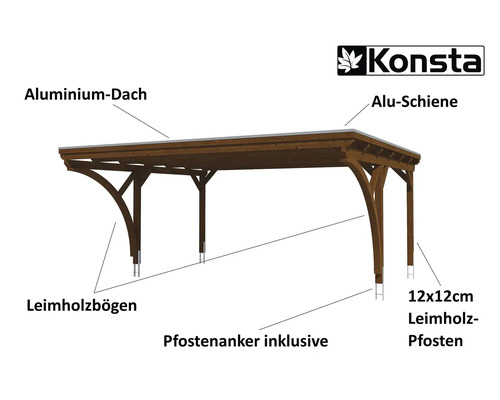 Konsta dubbele carport met aluminium dakpanelen, inclusief 2 inrijbogen en H-ankers, 618x500 cm, walnoot afwerking