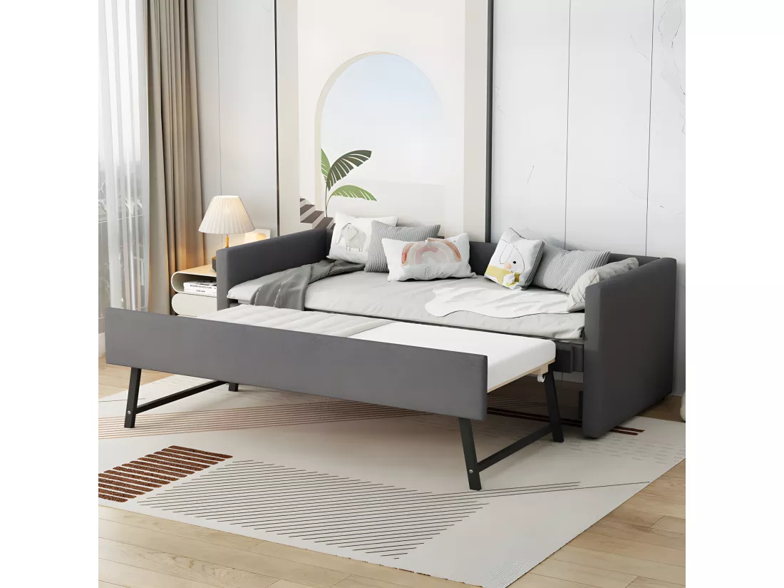 Lit gigogne multifonctionnel avec un lit pilant - 90x200 cm - tissu en lin - Gris