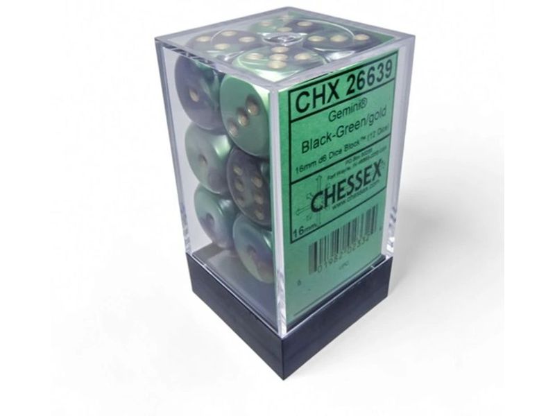 Chessex Würfelset Gemini 16 mm d6 Schwarz-Grün/Gold 12 Stk. Würfelset mit 12 Würfeln