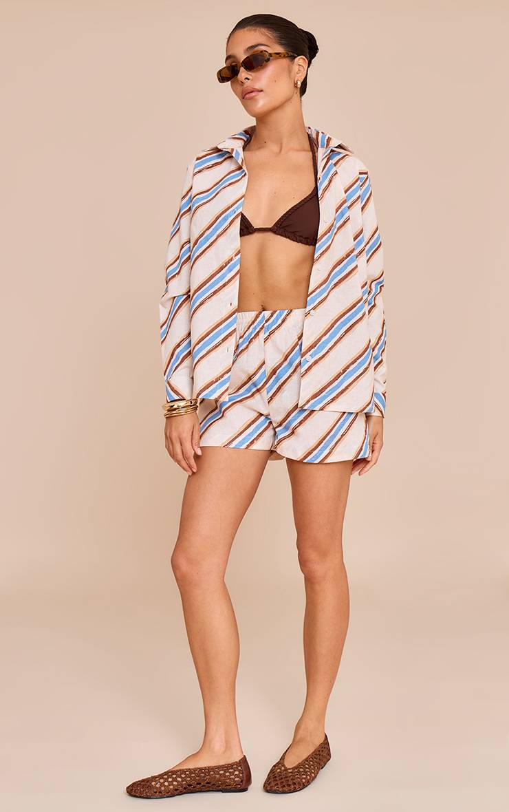 Bleu Short Petite Taille Haute Aspect Lin À Rayures