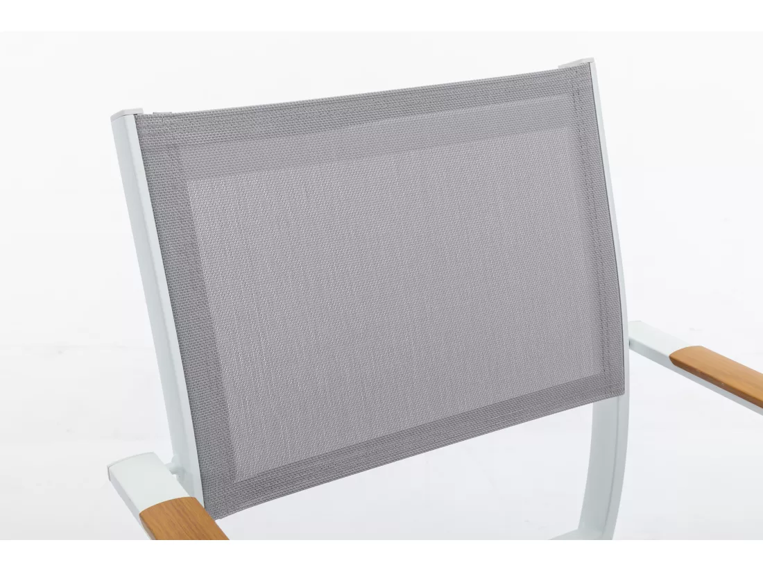 Salle à manger de jardin en aluminium : une table carrée L.140 cm et 4 fauteuils empilables - Naturel clair et gris - MACILA de MYLIA