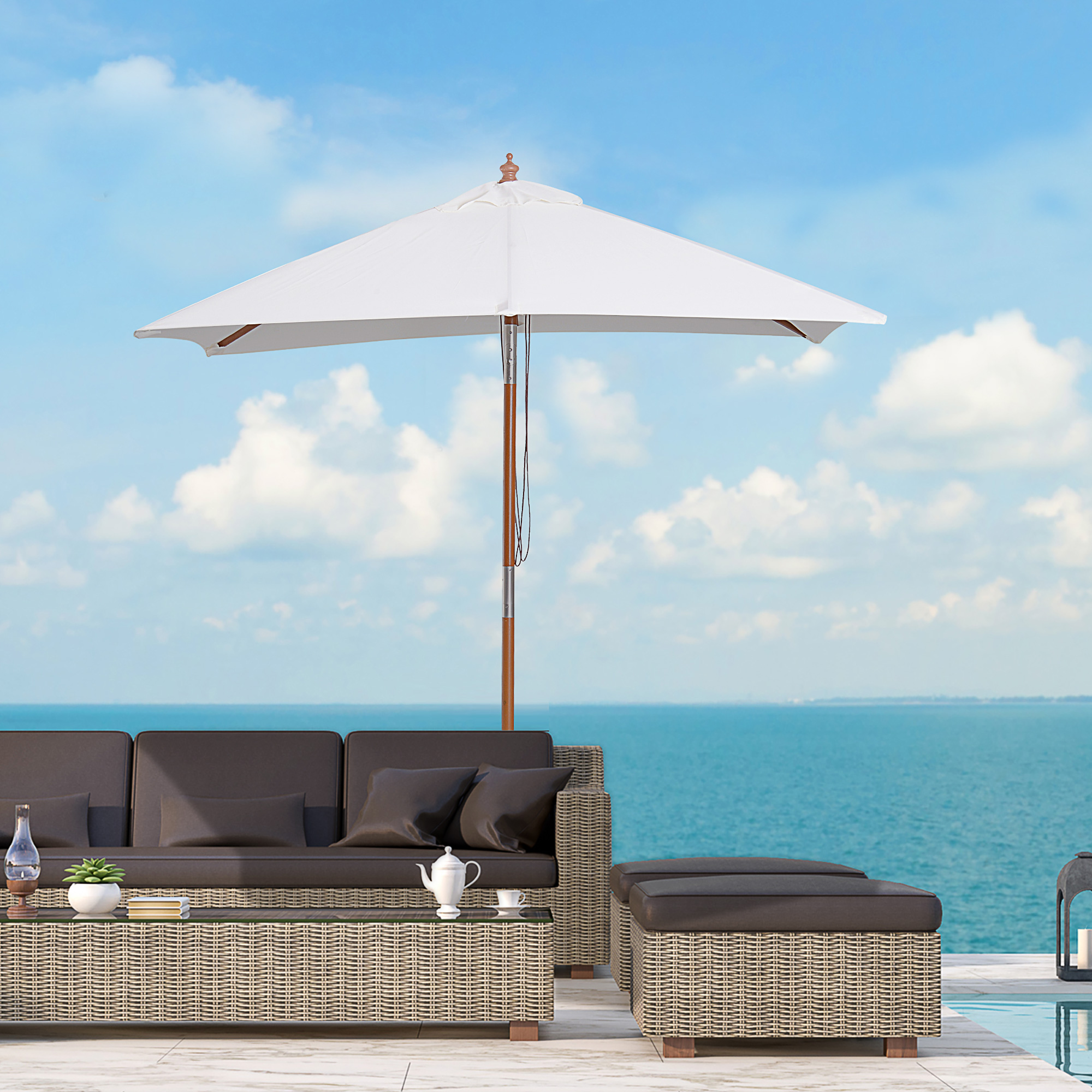 Guarda-sol de jardim Outsunny, retangular, inclinável, 200x150x235 cm, com proteção UV, impermeável e mastro de madeira, ideal para praia e pátio, cor creme.