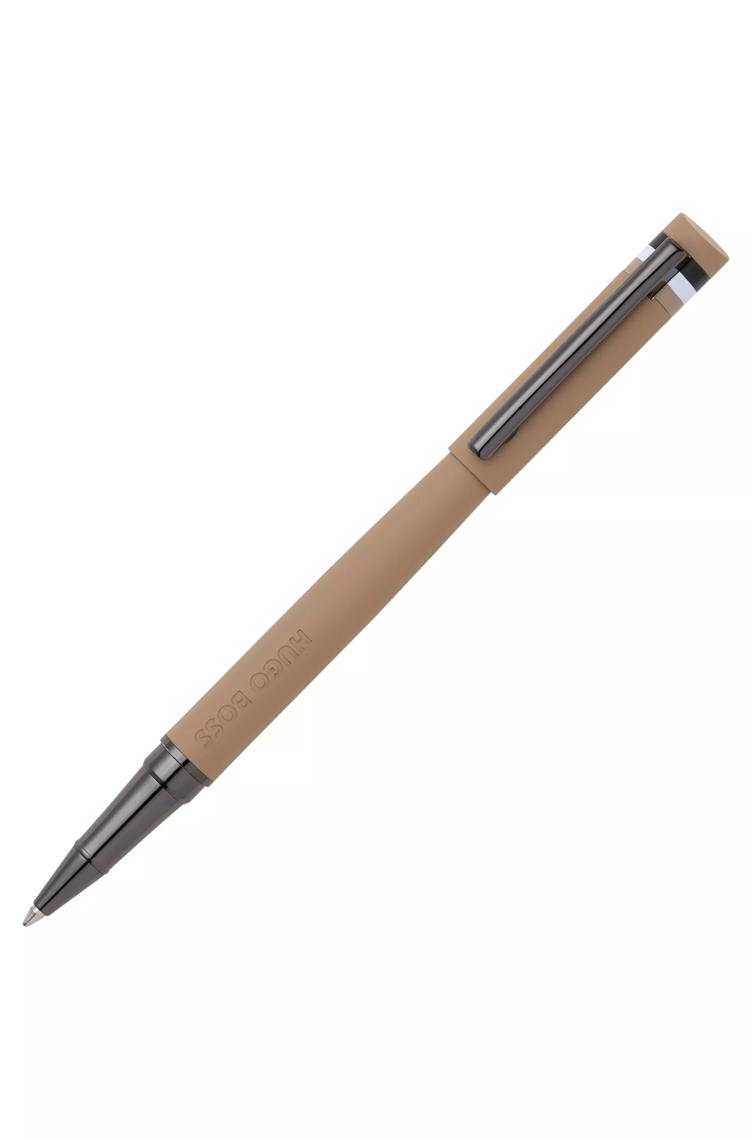 Caneta rollerball BOSS Black-Camel com detalhe do logotipo e tampa com listra característica.