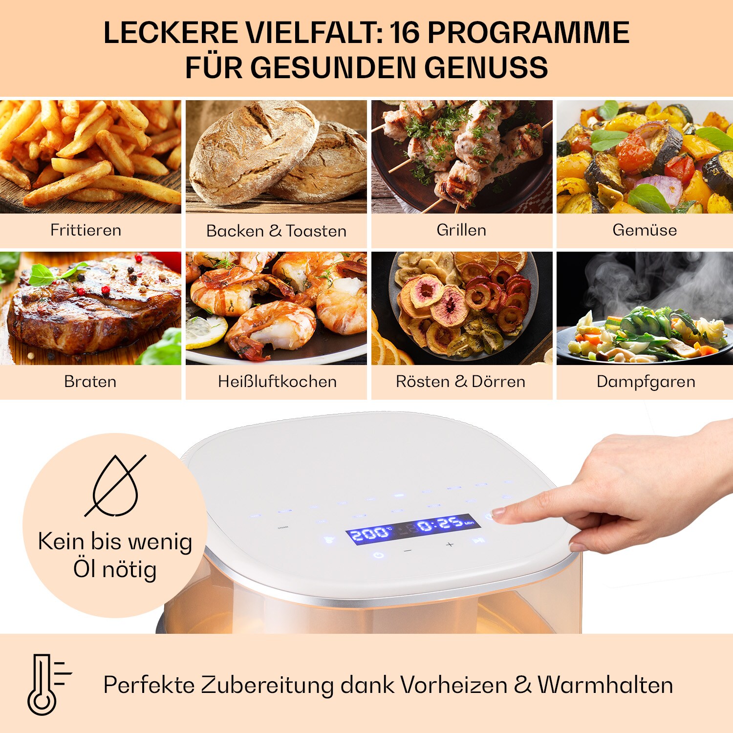 Air Bloom Heißluftfritteuse Dampffunktion 1500W 7,5 Liter 16 Programme