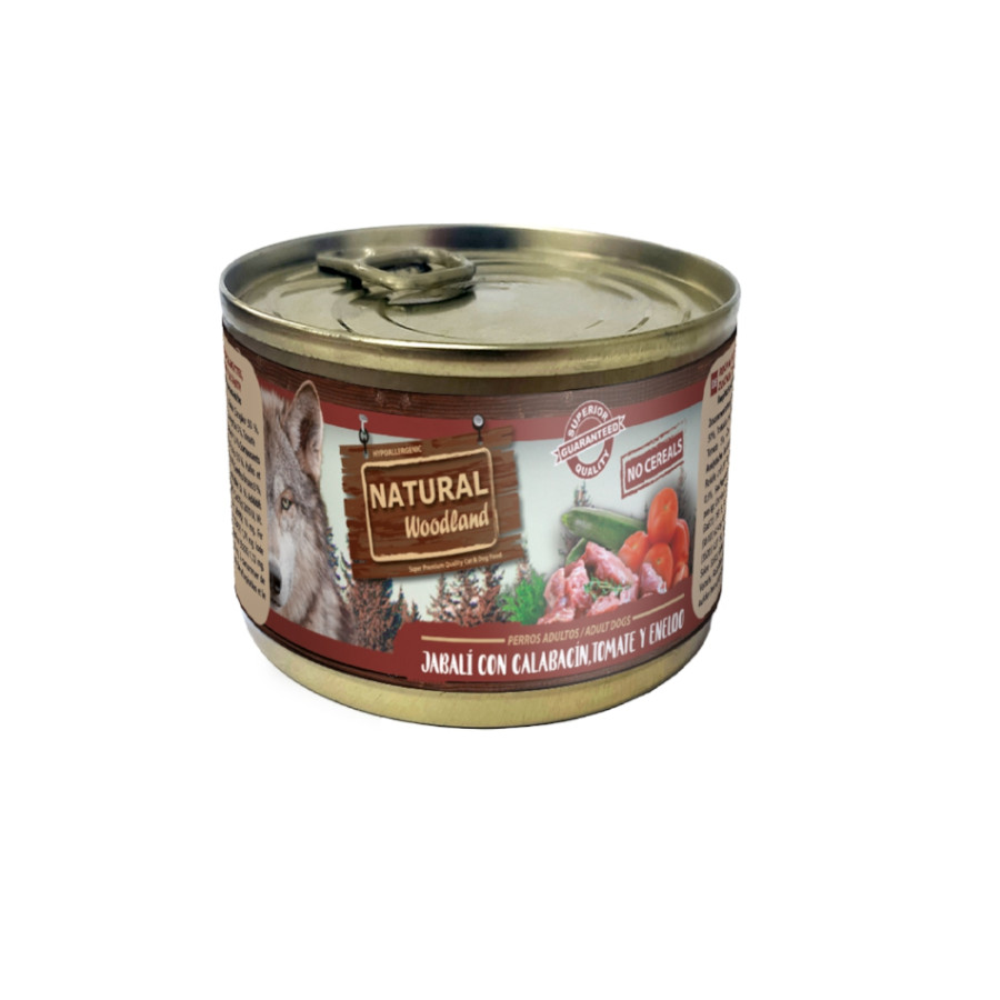 Lata de javali com abobrinha, tomate e endro da Natural Greatness para cães.