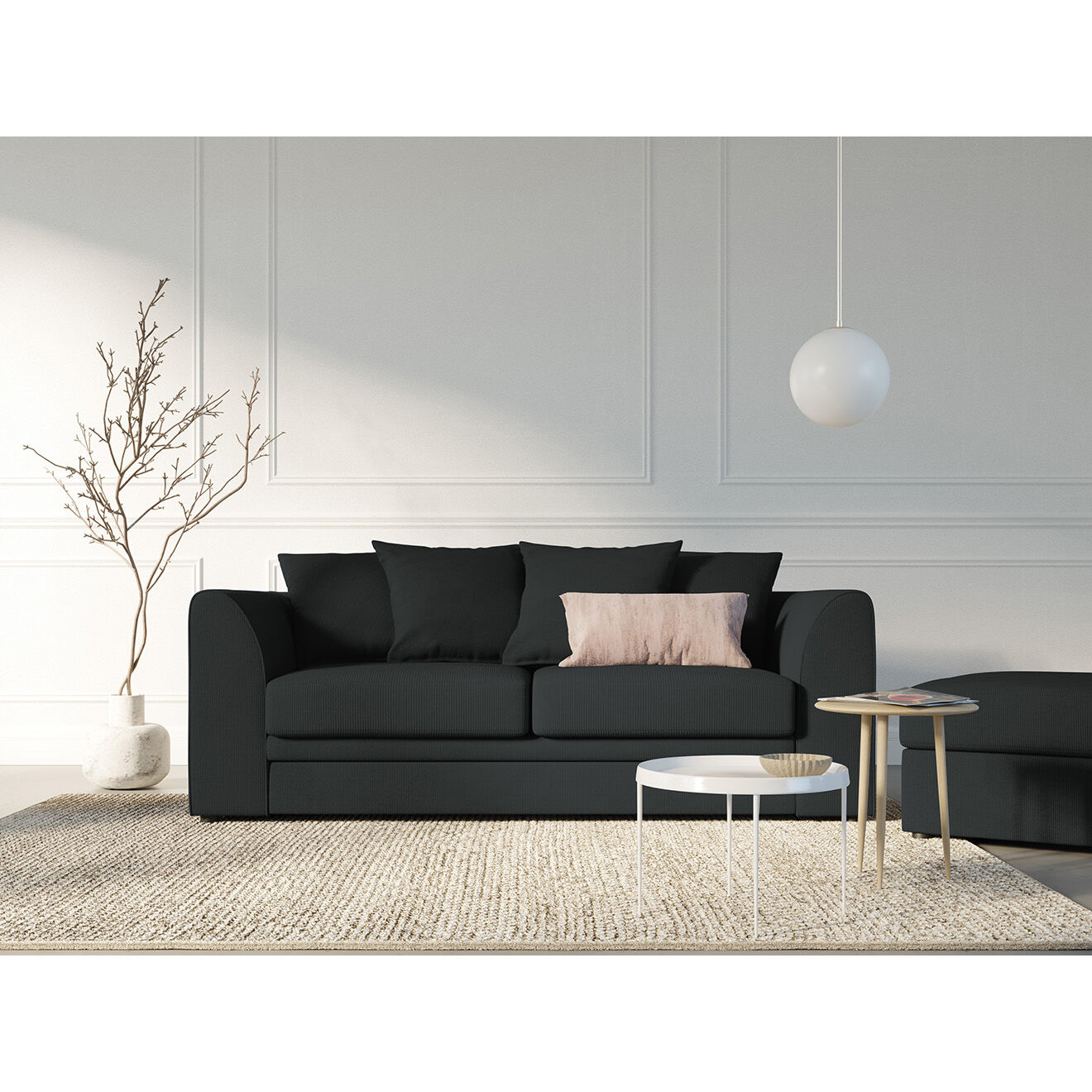 Mazzini Sofas Canapé Quince Velours côtelé 3 Places noir - 182x92x80 cm
