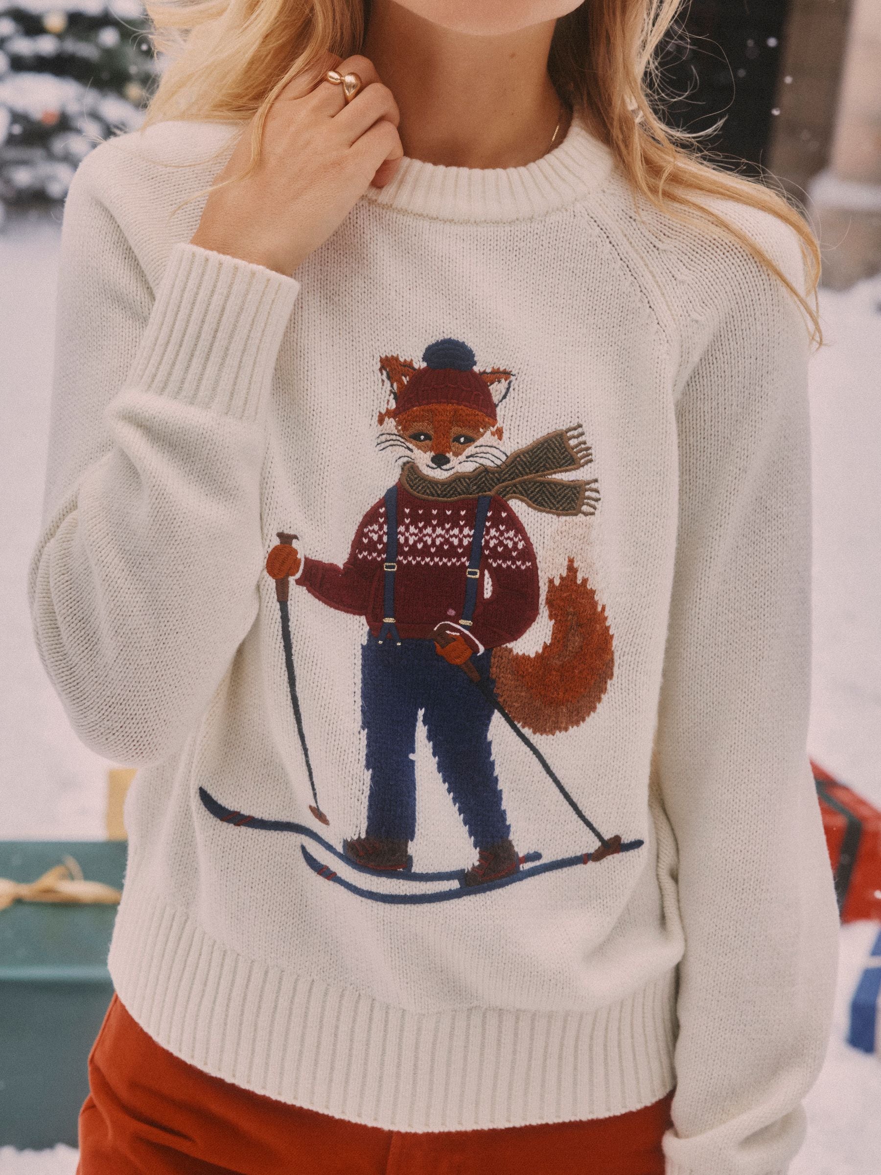 Cream Skiing - Joules Intarsia Cotton-Rich Crew Neck Jumper