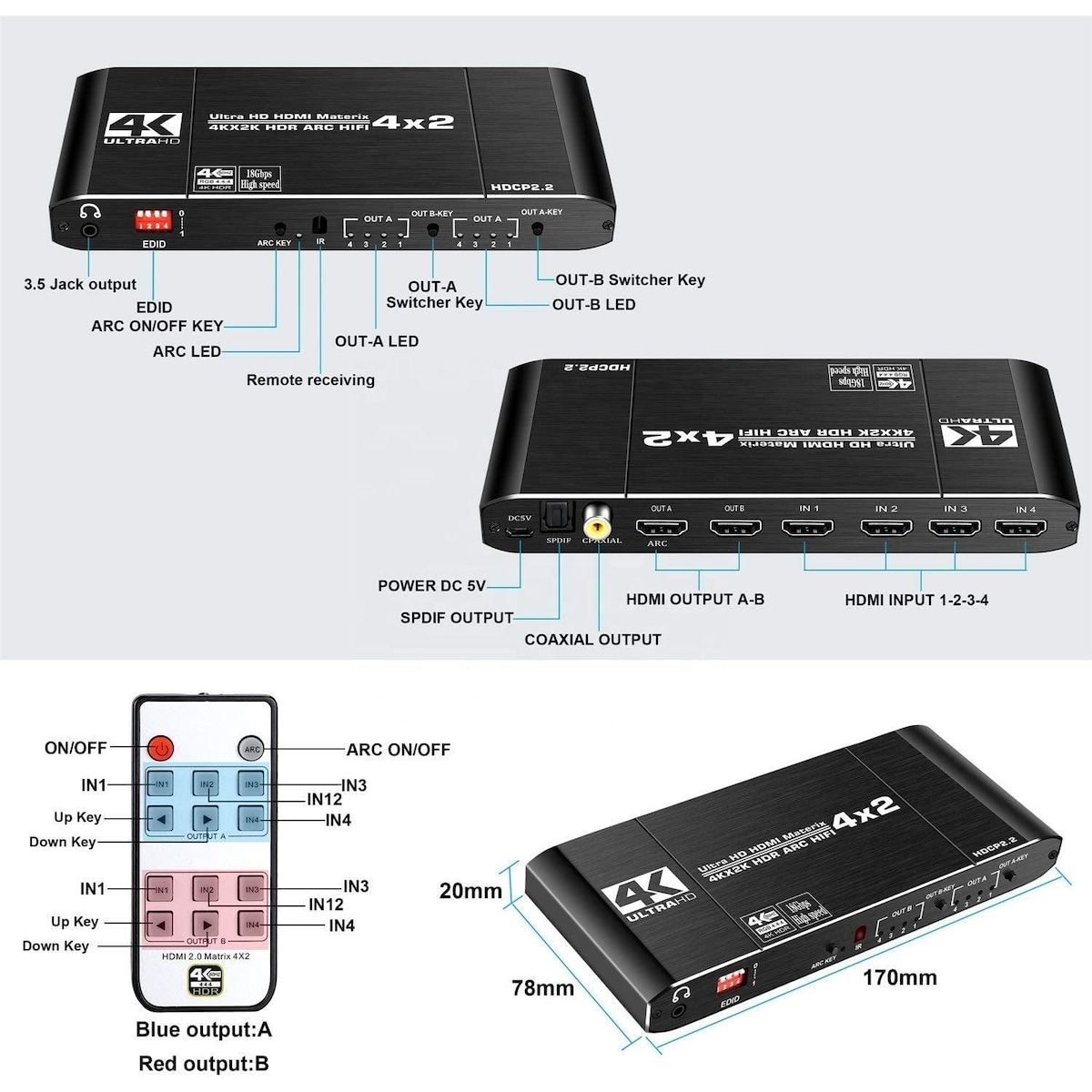 NÖRDIC HDMI Matrix Switch 4 til 2 med lydkontaktor og bue, 4kx2k i 60Hz, YUV 4: 4: 4 18Gbps HDCP 2.2, 5.1 Surround, metall