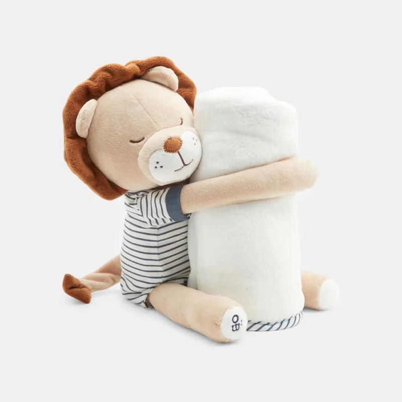 Doudou lion rayé et plaid bleu naissance Bleu