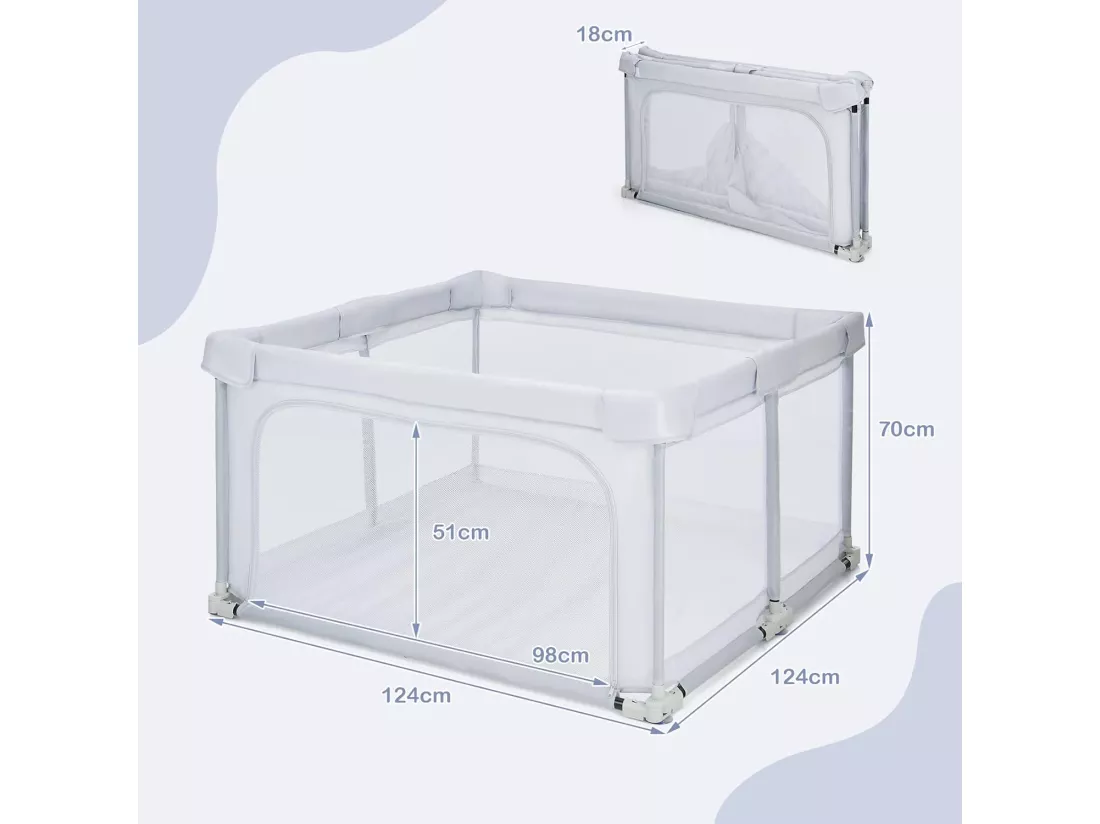 Parc Bébé Pliable 124 x124cm avec Hauteur Scientifique 70cm, Parc de Jeux en Tissu Oxford avec Maille Respirante, 50 Balles Océaniques, 4 Poignées (Gris clair)