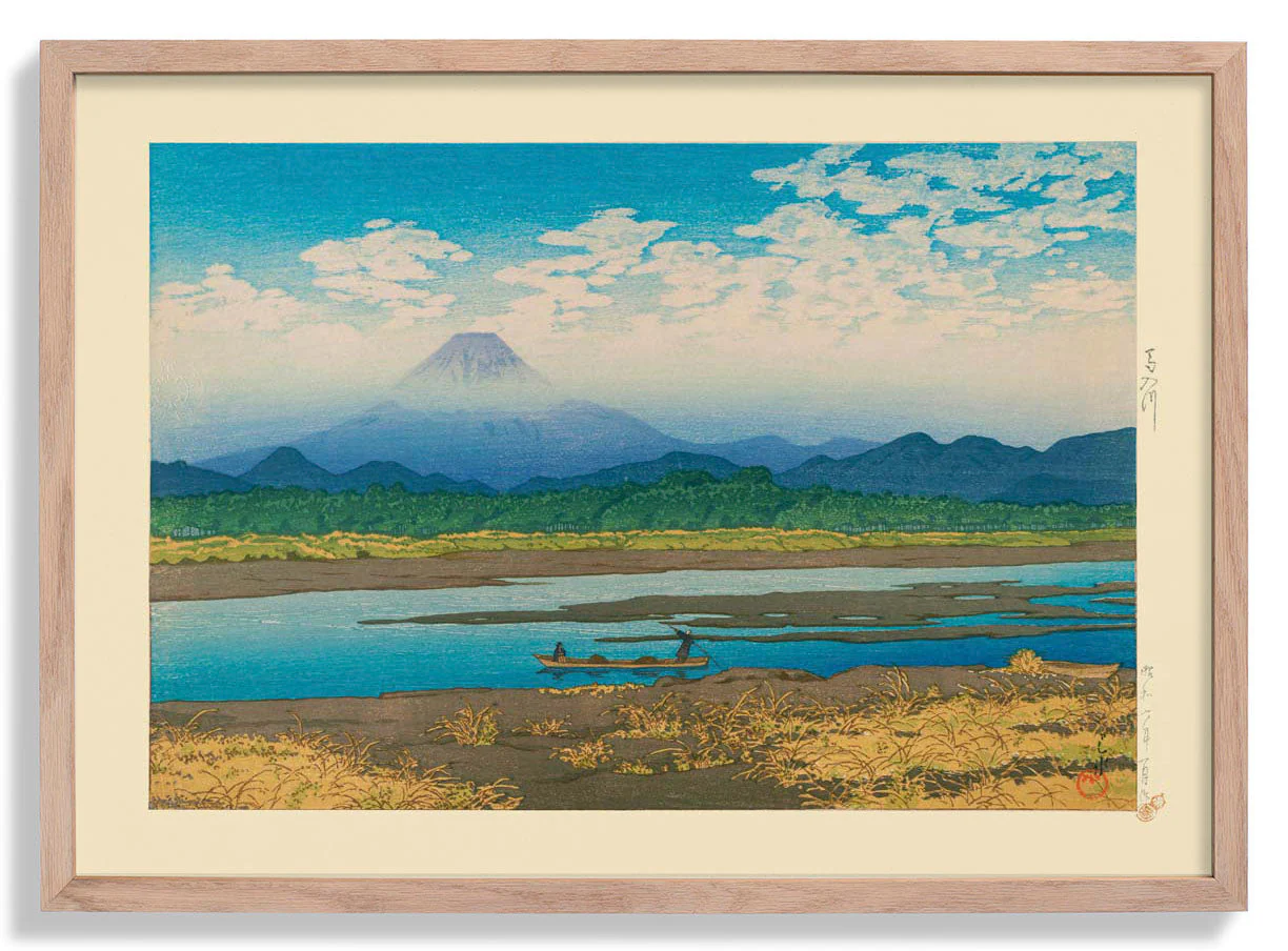 Mt Fuji vom Fluss Banyu aus gesehen Kunstdruck von Hasui