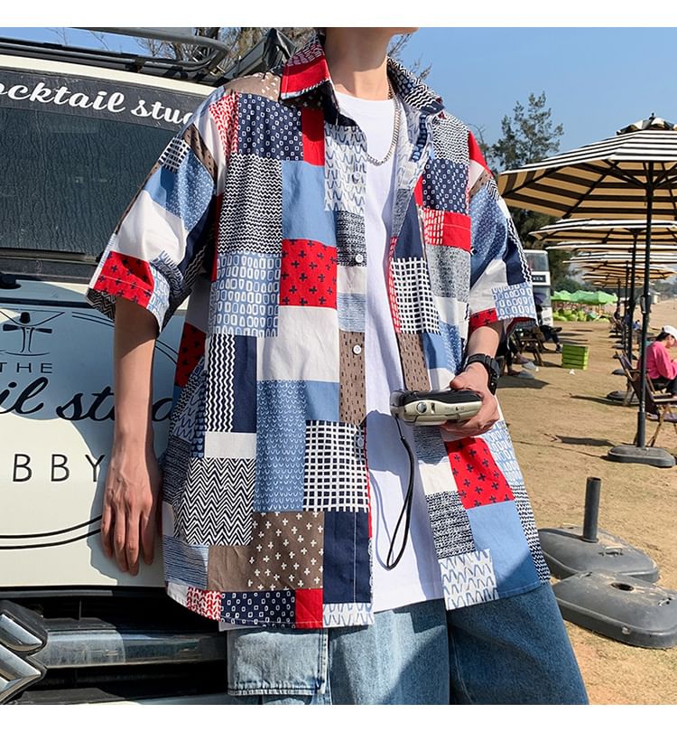 Breeson - Overhemd met korte mouwen en kraag en patchworkprint