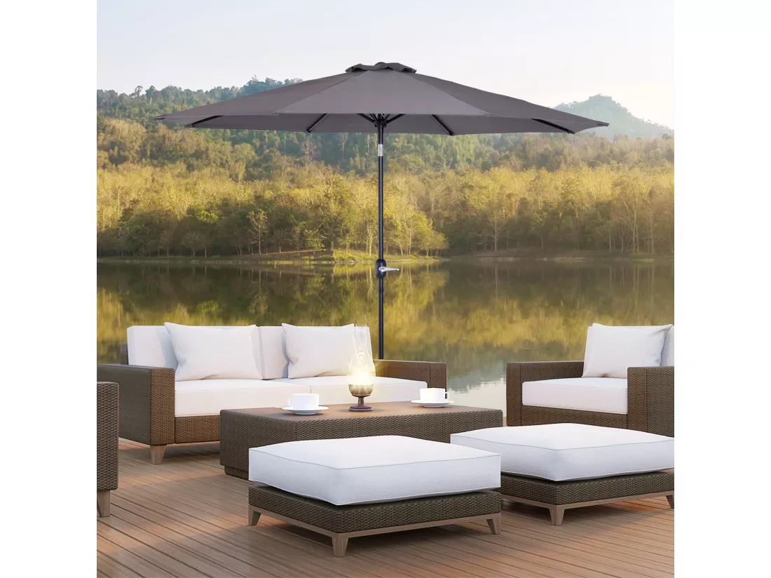 Parasol en métal rond polyester 180g/m² manivelle inclinable Ø 3 x 2,45 m gris
