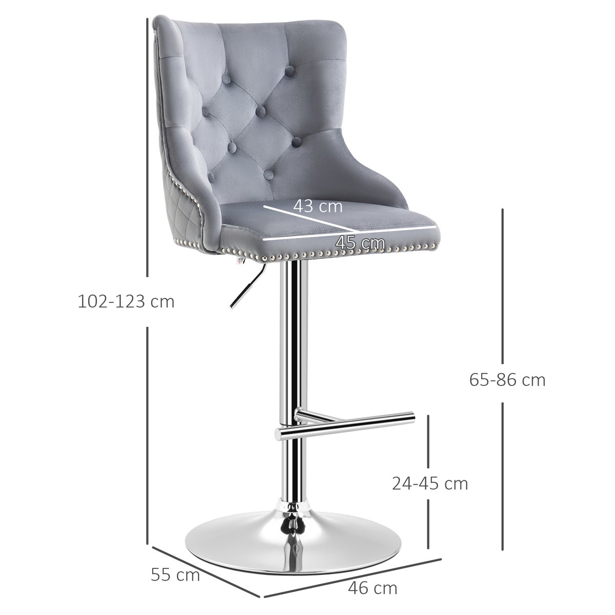 HOMCOM Set van 2 barkrukken, draaistoelen met voetenbank, in hoogte verstelbare woonkamerstoelen met fluwelen look, voor bar, keuken, lichtgrijs, 46 x 55 x 102-123 cm