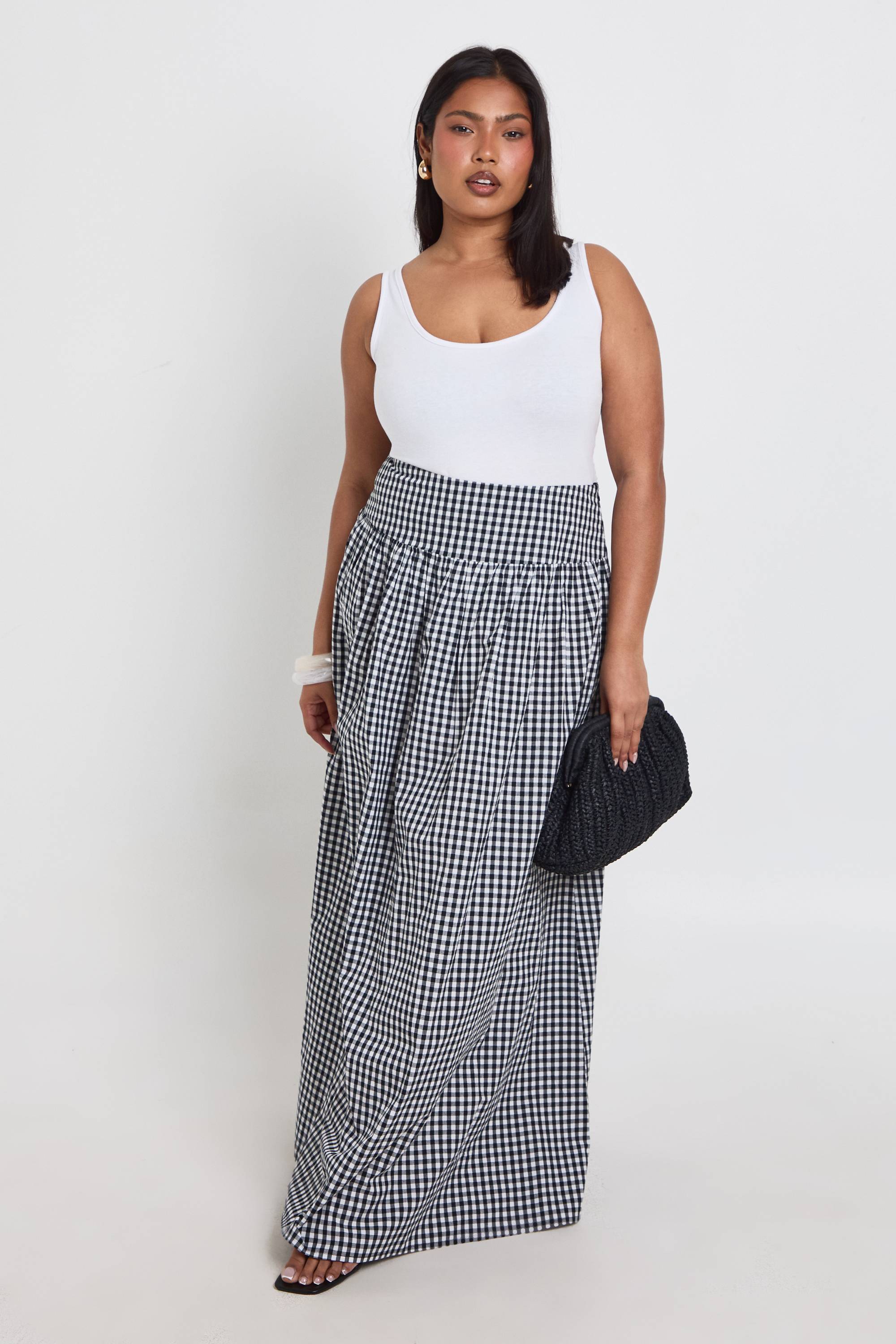 boohoo Jupe Longue En Popeline Vichy Grande Taille