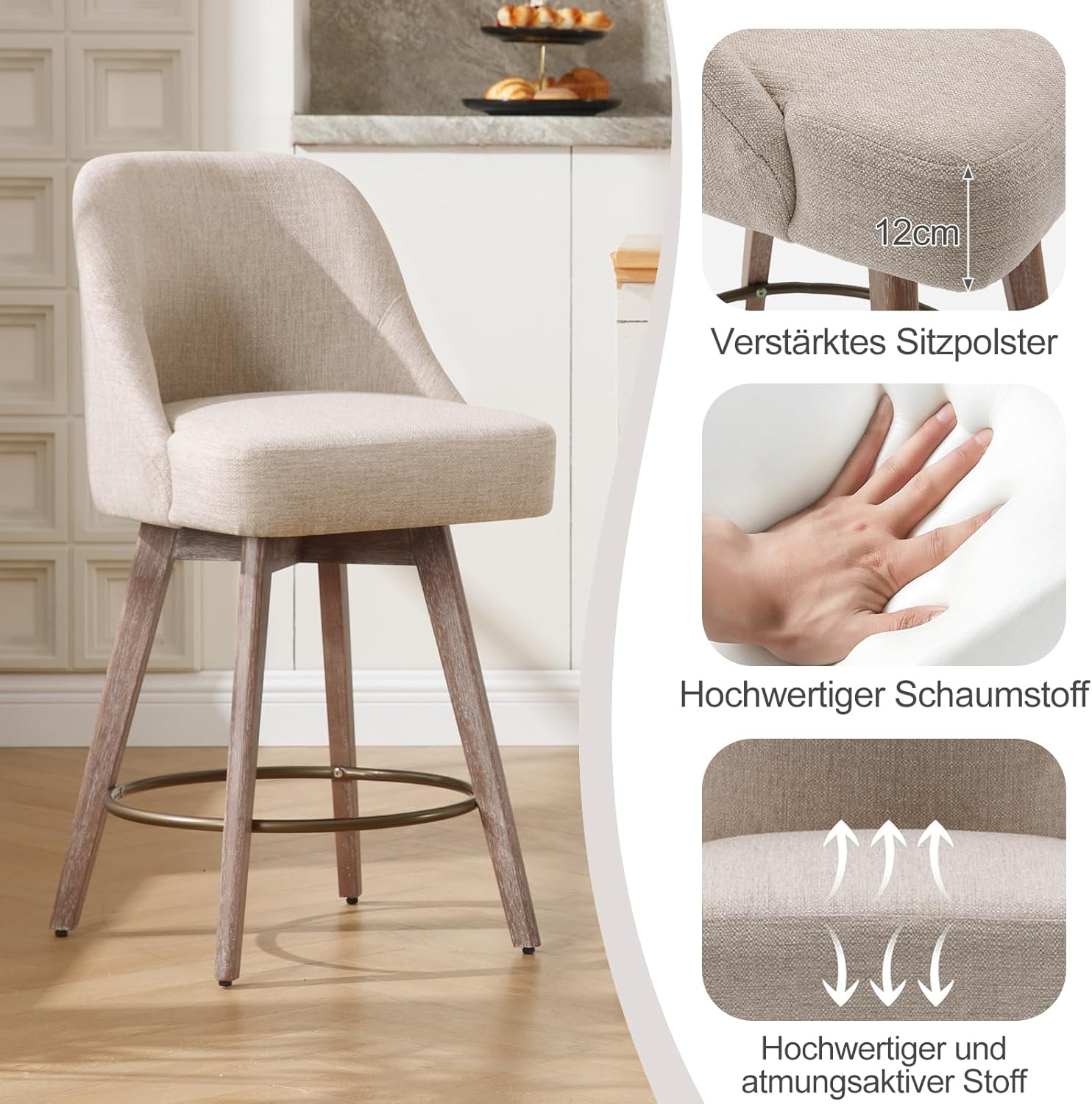Bekrvio 360°Drehbarer Barhocker 2er Set,Barhocker mit Lehne 65cm Sitzhöhe,Tresenhocker Drehhocker,Küchenstühle mit Holzbeinen & Fußstütze,Komfortabler Barstuhl mit Gepolsterter (Milchig Braun, 2PCS)