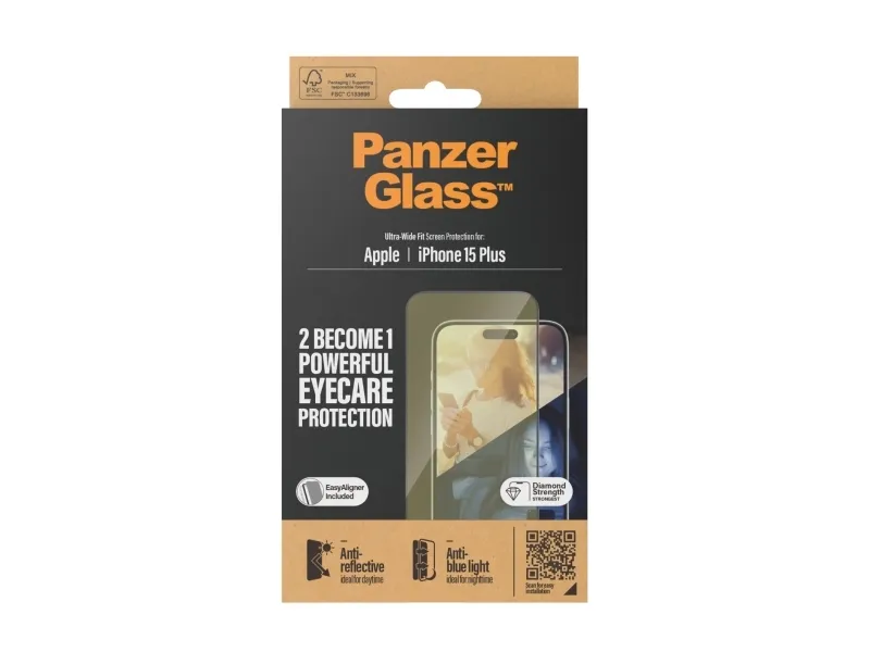 PanzerGlass™ | Ultra-Wide Fit - Skærmbeskyttelse til mobiltelefon - EyeCare Protection | Apple iPhone 15 Plus