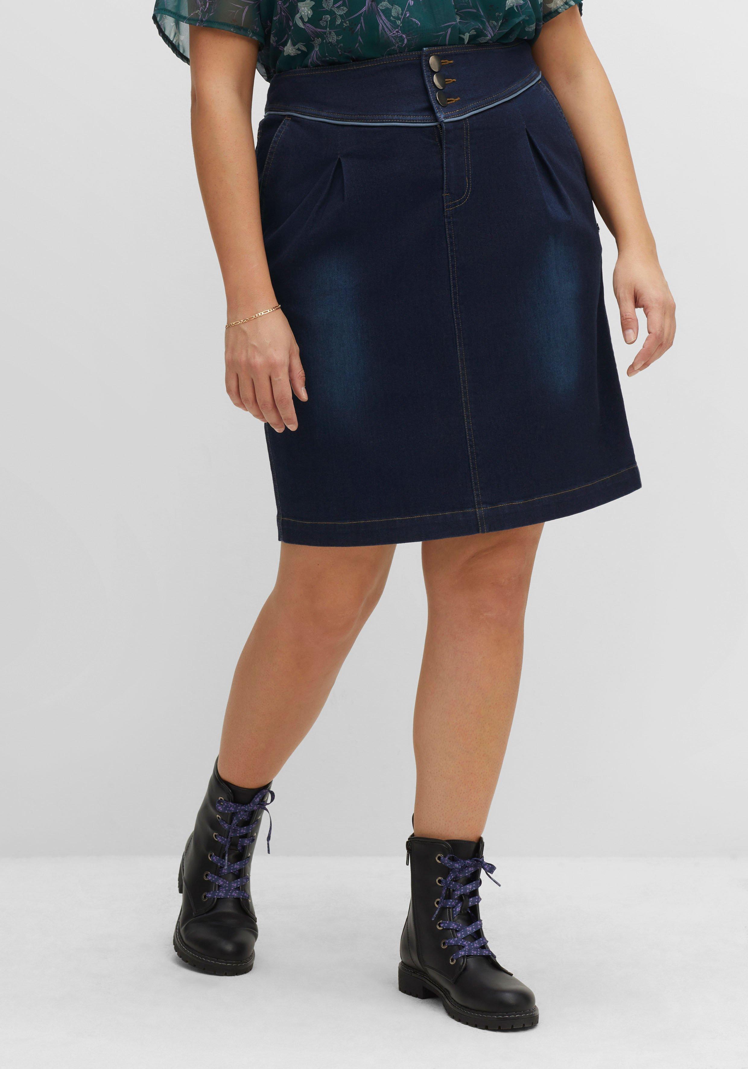 Kurzer Jeansrock mit breitem Bund und Kellerfalten